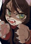  1girl animal_ears animal_hands brown_fur brown_hair cat_ears claws dark_skin fkey furry furry_female green_eyes long_hair looking_at_viewer open_mouth original slit_pupils solo whiskers 