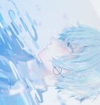  1boy bangs blue_eyes blue_hair collared_shirt commentary_request dutch_angle earrings face jewelry looking_away mihanada original parted_lips shirt short_hair sideways simple_background solo tears white_shirt 