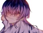  1boy bangs closed_mouth ear_piercing hair_between_eyes haitani_rindou head_rest kyou_123 long_hair long_sleeves looking_at_viewer male_focus piercing pink_eyes purple_hair purple_shirt shirt simple_background sleeves_past_wrists smile solo tokyo_revengers upper_body white_background 