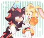  1boy 1girl :o animal_ears animal_nose bracelet cheese_(sonic) closed_mouth cream_the_rabbit dress furry gloves jewelry open_mouth orange_dress orange_footwear pulled_by_another rabbit_ears red_eyes shadow_the_hedgehog sonic_(series) sweatdrop tondamanuke white_gloves 