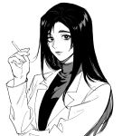  1girl bangs cigarette closed_mouth greyscale highres holding holding_cigarette ieiri_shoko jacket jujutsu_kaisen long_hair long_sleeves looking_at_viewer mole mole_under_eye monochrome nino84391425 shirt simple_background sketch smile solo upper_body 