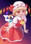  1girl :d absurdres ascot bangs blush bow commentary_request crystal dark_background eyebrows_visible_through_hair flandre_scarlet frilled_shirt_collar frills full_body gradient gradient_background hair_between_eyes hat hat_bow highres looking_at_viewer mob_cap one_side_up open_mouth petticoat puffy_short_sleeves puffy_sleeves purple_background red_bow red_eyes red_footwear red_skirt red_vest short_hair short_sleeves simple_background skirt smile solo touhou vest white_headwear wings yellow_neckwear yuha_(kanayuzu611) 