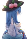  1girl absurdres bare_shoulders black_headwear blue_hair blue_skirt from_behind hair_over_shoulder hat highres hinanawi_tenshi off-shoulder_shirt off_shoulder shirt simple_background sitting skirt solo touhou tsune_(tune) white_background white_shirt 