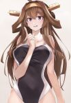 1girl absurdres ahoge bare_arms bare_shoulders beisaku_bei black_swimsuit blush breasts brown_hair collarbone competition_swimsuit double_bun eyebrows_visible_through_hair hair_between_eyes hairband headgear highres kantai_collection kongou_(kancolle) large_breasts long_hair one-piece_swimsuit remodel_(kantai_collection) solo swimsuit upper_body violet_eyes 