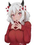  1girl black_horns breasts commentary demon_girl demon_horns fikkyun heart heart-shaped_pupils helltaker highres horns large_breasts long_sleeves looking_at_viewer medium_hair modeus_(helltaker) red_eyes red_sweater ribbed_sweater smile solo sweater symbol-shaped_pupils upper_body white_hair 