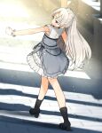  1girl annin_musou black_footwear blush boots brown_eyes conte_di_cavour_(kancolle) dress gloves grey_dress high_heel_boots high_heels kantai_collection layered_dress long_hair remodel_(kantai_collection) short_sleeves silver_hair solo two-tone_dress two_side_up white_dress white_gloves 