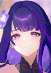  1girl bangs braid commentary_request eyebrows_visible_through_hair flower genshin_impact hair_ornament highres ichibi long_hair looking_at_viewer mole mole_under_eye open_mouth purple_flower purple_hair raiden_shogun ribbon simple_background solo unfinished violet_eyes 