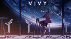  1girl ahoge android blue_hair deerlin earrings earth_(planet) glowing hair_bun high_heels highres jewelry looking_out_window matsumoto_(vivy) pantyhose planet science_fiction single_earring sky space star_(sky) starry_sky uniform vivy vivy:_fluorite_eye&#039;s_song 