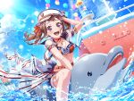 1girl alternate_hairstyle balloon bang_dream! bird blush brown_hair city day dolphin looking_at_viewer necklace official_art open_mouth sailor_hat sailor_uniform ship short_hair smile solo starfish_hair_ornament toyama_kasumi violet_eyes water