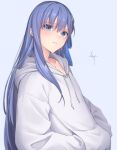  1girl bangs blue_eyes blue_ribbon blush breasts drawstring fate/extra fate/extra_ccc fate_(series) hair_ribbon highres hood hooded_sweater knt02142769 long_hair long_sleeves looking_at_viewer meltryllis_(fate) purple_hair ribbon small_breasts solo sweater very_long_hair white_sweater 