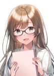  1girl :d black-framed_eyewear blush brown_eyes brown_hair collared_shirt commentary_request glasses hands_up holding long_hair long_sleeves looking_at_viewer midorikawa_you open_mouth original school_uniform shirt simple_background smile solo upper_body white_background white_shirt 