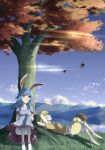  2girls animal_ears autumn_leaves blonde_hair bloomers blue_dress blue_hair blue_sky blush breasts cabbie_hat closed_eyes clouds cloudy_sky collarbone dress earclip eyebrows_visible_through_hair floppy_ears full_body grass hands_on_own_knees hat headwear_removed highres long_hair looking_to_the_side low_twintails lying medium_breasts midriff moon mountainous_horizon multiple_girls on_back otomeza_ryuseigun puffy_short_sleeves puffy_sleeves rabbit_ears rabbit_tail red_eyes ringo_(touhou) seiran_(touhou) shirt short_hair short_sleeves sky smile tail touhou tree twintails underwear yellow_shirt 