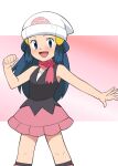  1girl :d bare_arms beanie blue_eyes blue_hair boots clenched_hand commentary hikari_(pokemon) eyelashes hair_ornament hairclip hand_up hat kneehighs knees long_hair looking_at_viewer open_mouth outstretched_arm pink_footwear pink_scarf pink_skirt pokemon pokemon_(anime) pokemon_dppt_(anime) scarf shirt skirt sleeveless sleeveless_shirt smile solo tongue white_headwear yume_yoroi 
