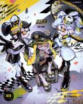  3girls agent_3_(splatoon) black_gloves box callie_(splatoon) dress gloves hat highres inkling looking_at_viewer marie_(splatoon) multiple_girls oil-paper_umbrella peaked_cap poncho sandals scar sitting smile splatoon_(series) splatoon_3 standing surimi_special tentacle_hair umbrella 