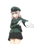  1girl black_skirt blue_eyes blush breasts closed_mouth girls_und_panzer gloves hat itsumi_erika key_(gaigaigai123) military military_hat military_uniform miniskirt pleated_skirt shiny shiny_hair short_hair simple_background skirt small_breasts solo standing uniform white_background white_gloves white_hair 