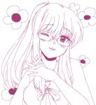  1girl analogue:_a_hate_story bangs drawfag glasses hands_together hyun-ae interlocked_fingers long_hair looking_at_viewer monochrome one_eye_closed purple_theme simple_background sketch solo tongue tongue_out upper_body white_background 