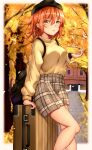  1girl absurdres alternate_costume autumn_leaves black_headwear breasts brown_skirt fate/grand_order fate_(series) fujimaru_ritsuka_(female) hair_down hat highres long_sleeves medium_breasts medium_hair orange_hair outdoors plaid plaid_skirt skirt solo sweater toukan tree watch watch yellow_eyes yellow_sweater 