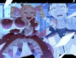  beatrice_(re:zero) black_hair blonde_hair capelet crown crying crying_with_eyes_open d: dress drill_hair flying_paper frilled_dress frills fur-trimmed_capelet fur_trim hand_on_own_chest hand_up library long_hair mini_crown natsuki_subaru open_mouth pantyhose paper parupin re:zero_kara_hajimeru_isekai_seikatsu ribbon short_hair surprised tears track_suit twin_drills wide-eyed 