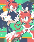  1boy 1girl amy_rose blush boots bracelet dress dual_persona flat_color frown furry furry_female furry_male gloves green_eyes grin hairband happy heart jewelry on_head person_on_head red_dress red_footwear smile sonic_(series) sonic_the_hedgehog sonic_the_hedgehog_(classic) tondamanuke white_gloves 
