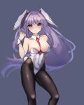  1girl absurdres animal_ears bangs between_breasts breasts detached_collar grey_background highres leotard light_purple_hair long_hair necktie necktie_between_breasts pantyhose playboy_bunny purple_hair rabbit_ears rabbit_tail red_eyes red_neckwear reisen_udongein_inaba sabapi_oo simple_background solo strapless strapless_leotard tail touhou very_long_hair white_leotard wrist_cuffs 