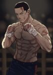  1boy abs absurdres black_eyes black_hair blood blood_on_face blood_on_hands blue_pants buzz_cut facial_hair fighting_stance golden_kamuy highres male_focus navel pants pectorals short_hair solo stubble toned toned_male tonta_(tonta1231) topless_male tsukishima_hajime very_short_hair 