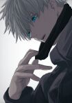  1boy bangs black_blindfold black_jacket blindfold blindfold_down blue_eyes gojou_satoru hair_between_eyes hand_up high_collar jacket jujutsu_kaisen long_sleeves looking_away male_focus mothald open_mouth short_hair simple_background solo upper_body white_background white_hair 