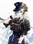  1girl absurdres arknights arm_up bangs belt dragon_girl dragon_horns eyebrows_behind_hair eyebrows_visible_through_hair grey_hair hair_between_eyes hat highres horns long_hair looking_at_viewer military military_hat military_uniform police police_hat police_uniform qianzhu saria_(arknights) saria_(the_law)_(arknights) silver_hair simple_background solo uniform upper_body white_background yellow_eyes 