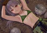  1girl armpits belt bikini bikini_top brown_gloves character_request check_copyright closed_mouth copyright_request earrings egg fkey flat_chest gloves green_bikini hands_up jewelry looking_at_viewer lying monster_hunter_(series) on_back purple_hair red_eyes solo swimsuit twintails 