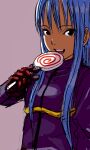 1girl black_eyes blue_hair bodysuit breasts candy food gloves highres kula_diamond lollipop long_hair looking_at_viewer open_mouth simple_background smile solo the_king_of_fighters yamamoto_souichirou 