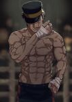  1boy abs absurdres bandages black_hair black_headwear blue_pants brown_eyes golden_kamuy hat highres imperial_japanese_army kepi large_pectorals male_focus military military_hat military_uniform muscular muscular_male navel pants pectorals scar scar_on_cheek scar_on_chest scar_on_face short_hair solo star_(symbol) sugimoto_saichi tonta_(tonta1231) topless_male two-tone_headwear uniform yellow_headwear 