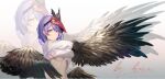  1girl :/ artist_name bangs bird_mask bird_wings breasts earrings english_text feathered_wings genshin_impact highres horo_zhuzhu jewelry kujou_sara large_breasts long_sleeves looking_at_viewer mask mask_on_head purple_hair shirt short_hair solo tengu tengu_mask under_boob upper_body v-shaped_eyebrows white_shirt wings yellow_eyes 