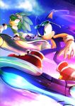  2boys animal_nose beak boots clouds eyewear_on_head feathers furry furry_male gloves grin hover_board jet_the_hawk male_focus multiple_boys racing red_footwear sky smile sonic_(series) sonic_riders sonic_the_hedgehog tondamanuke white_gloves 
