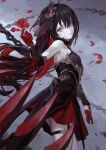  1girl bare_shoulders breasts brown_hair claw_(weapon) closed_mouth copyright_request fkey flower from_side gloves half_gloves highres holding holding_flower long_hair looking_at_viewer miniskirt pale_skin petals red_eyes red_flower red_gloves red_rose red_skirt rose sketch skindentation skirt small_breasts smile solo standing thigh_strap weapon 