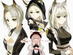  &gt;_&lt; 2girls alternate_costume animal_ears arknights black_jacket black_ribbon blush bow bowtie cat_ears coat collared_shirt dress_shirt ears_through_headwear enmaided formal fur-trimmed_coat fur_trim green_eyes green_hair hair_ribbon hand_on_own_chest hands_on_own_chest hat heidi_(arknights) highres hood hood_up jacket jewelry kal&#039;tsit_(arknights) looking_at_viewer maid maid_headdress multiple_girls multiple_views necklace official_alternate_costume open_clothes open_jacket open_mouth oripathy_lesion_(arknights) red_headwear ribbon shirt short_hair smile sutoa translation_request upper_body white_coat white_headdress white_neckwear white_shirt 