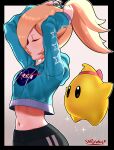  1girl absurdres arms_up ass black_border black_pants blonde_hair border closed_eyes earrings highres jewelry lips long_hair long_sleeves luma_(mario) nasa_logo navel pants ponytail rosalina sarukaiwolf shirt simple_background sparkle standing star_(symbol) star_earrings star_print super_mario_bros. super_mario_galaxy tying_hair 