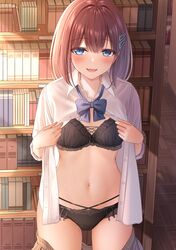  1girl bangs black_bra black_panties blue_eyes blush bra breasts brown_hair collared_shirt dress_shirt highres long_sleeves looking_at_viewer medium_breasts monaka_curl navel open_clothes open_mouth open_shirt original panties shirt skirt smile solo underwear white_shirt 