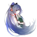  1girl bangs bare_shoulders black_hair blue_eyes branch china_dress chinese_clothes closed_mouth dress fu_hua hair_between_eyes hair_ribbon highres holding honkai_(series) honkai_impact_3rd long_hair long_sleeves looking_at_viewer ponytail ribbon simple_background smile solo white_background yu_yuan_(molly1093594508) 