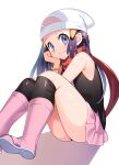  1girl bare_shoulders beanie black_hair black_legwear black_shirt boots bracelet closed_mouth commentary_request hikari_(pokemon) full_body hair_ornament hairclip hat head_rest highres jewelry knee_boots knees_up long_hair looking_at_viewer miniskirt pink_footwear pink_skirt pokemon pokemon_(game) pokemon_dppt red_scarf scarf shadow shiny shiny_hair shiny_skin shirt simple_background sitting skirt sleeveless sleeveless_shirt smile solo thighs white_background yuihico 
