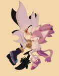  1boy 1girl animal_nose blaze_the_cat blush boots embarrassed forehead_jewel fur_collar furry furry_female furry_with_furry gloves hetero interlocked_fingers open_mouth silver_the_hedgehog simple_background smile sonic_(series) tail tondamanuke white_gloves yellow_background yellow_eyes 