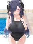  1girl absurdres august_von_parseval_(azur_lane) azur_lane black_hair black_swimsuit breasts collarbone competition_swimsuit covered_navel futon_fly_away hair_over_one_eye highres horns large_breasts long_hair one-piece_swimsuit pool poolside solo swimsuit very_long_hair violet_eyes water wet wet_clothes wet_swimsuit 