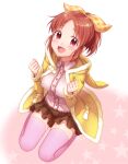  1girl :d abe_nana blush bow brown_hair coat hair_bow hood hood_down hooded_coat idolmaster idolmaster_cinderella_girls idolmaster_cinderella_girls_starlight_stage long_sleeves looking_at_viewer notsugi_(sasasasa_oriori) open_clothes open_coat open_mouth pink_legwear pink_shirt ponytail red_eyes seiza shirt sitting smile solo thigh-highs yellow_bow yellow_coat 