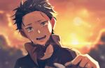  1boy black_hair crying crying_with_eyes_open d: hair_slicked_back hand_up harusabin male_focus natsuki_subaru open_mouth re:zero_kara_hajimeru_isekai_seikatsu solo solo_focus sunset tears track_suit 