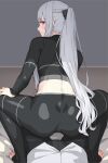  1boy 1girl ak-12_(girls&#039;_frontline) ass back bangs black_pants black_shirt blush braid breasts french_braid girls_frontline grey_hair kageshio_(276006) large_breasts long_hair long_sleeves looking_at_viewer looking_back midriff pants ponytail shirt smile squatting violet_eyes yoga_pants 