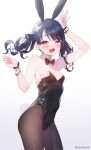  1girl :d animal_ears arm_up armband armpits blush bow bowtie breasts brown_legwear commentary_request cowboy_shot dark_blue_hair detached_collar fake_animal_ears fang fukumaru_koito heart heart-shaped_pupils highres idolmaster idolmaster_shiny_colors kuri_choko looking_at_viewer looking_to_the_side open_mouth pantyhose playboy_bunny rabbit_ears rabbit_tail simple_background skin_fang small_breasts smile smirk solo symbol-shaped_pupils tail twintails wavy_hair white_background wrist_cuffs 