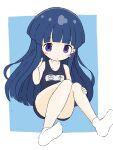  1girl :o absurdres bangs bare_arms bare_shoulders black_swimsuit blue_background blue_hair blush_stickers collarbone commentary_request eyebrows_visible_through_hair furude_rika hand_up highres higurashi_no_naku_koro_ni knees_together_feet_apart looking_at_viewer no_shoes one-piece_swimsuit parted_lips rururu_(pyrk8855) school_swimsuit socks soles solo swimsuit two-tone_background violet_eyes white_background white_legwear 