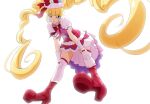  1girl aisaki_emiru bangs blonde_hair blunt_bangs boots cure_macherie dress eyebrows_visible_through_hair fuchi_(nightmare) gloves hugtto!_precure knee_boots long_hair looking_at_viewer looking_down pink_dress pink_footwear precure puffy_short_sleeves puffy_sleeves red_eyes short_sleeves simple_background smile solo thigh-highs twintails very_long_hair white_background white_gloves white_legwear 