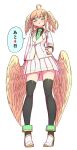  1girl :o ahoge angel_wings aohada_bocchi black_legwear green_eyes hand_on_hip head_wings highres jacket lian_(aohada_bocchi) pointy_ears school_uniform shoes speech_bubble thigh-highs thighs twintails white_background white_footwear white_jacket wings zyugoya 