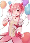 1girl ;d absurdres balloon bow eyebrows_visible_through_hair gloves hair_bow highres kaname_madoka magical_girl mahou_shoujo_madoka_magica mochiko_(uyu_omochi) one_eye_closed open_mouth pink_eyes pink_hair puffy_short_sleeves puffy_sleeves red_bow short_hair short_sleeves simple_background smile solo twintails white_background white_gloves 