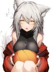  1girl absurdres animal_ears arknights bare_shoulders blush breasts eyebrows_visible_through_hair fangs grey_hair hair_between_eyes highres holding jacket large_breasts looking_at_viewer open_mouth projekt_red_(arknights) red_jacket simple_background sitting solo tab_head tail translation_request white_background wolf_ears wolf_girl wolf_tail yellow_eyes zipper 