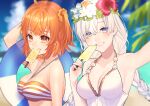  2girls anastasia_(fate) anastasia_(swimsuit_archer)_(fate) beach blush braid breasts clouds eyelashes fate/grand_order fate_(series) flower food fujimaru_ritsuka_(female) grin hair_flower hair_ornament hair_scrunchie hibiscus highres innertube kuzuta0807 medium_breasts multiple_girls ocean one_side_up orange_eyes orange_hair orange_scrunchie outdoors palm_leaf palm_tree popsicle scrunchie side_ponytail smile striped striped_swimsuit swimsuit tree twin_braids white_hair white_swimsuit yellow_scrunchie 